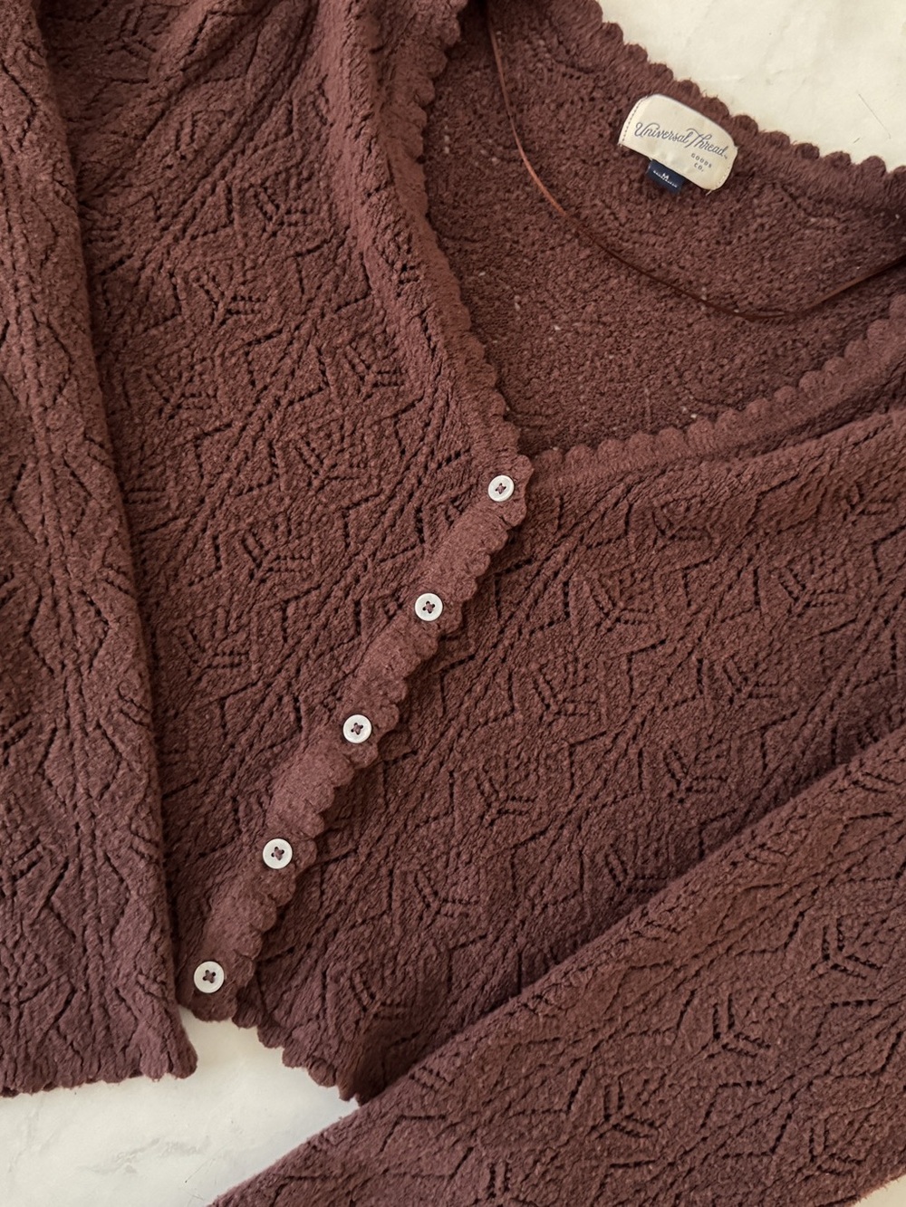 Universal Thread Long-Sleeve Pointelle Collared Cardigan Brown Medium